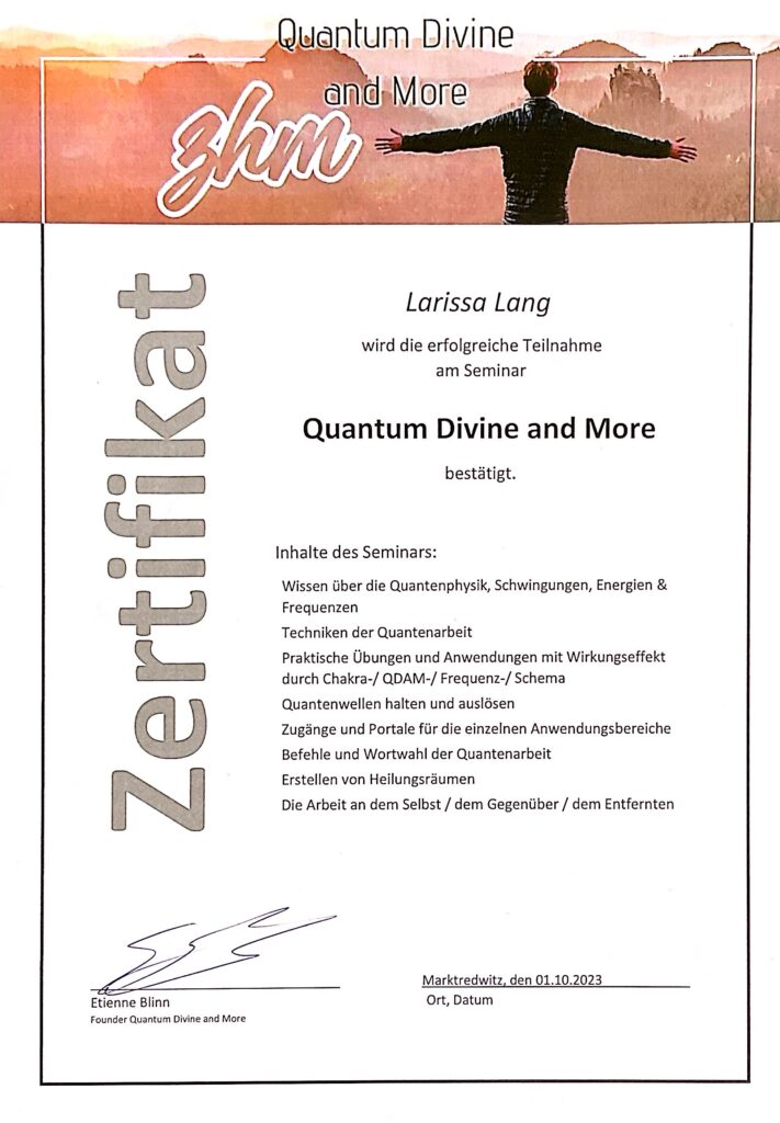 Quantum Divine and More (QDAM) Zertifikat von Etienne Blinn (Quantenarbeit)