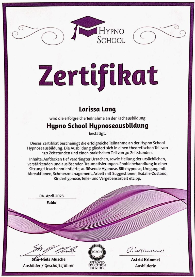 Hypno School Hypnoseausbildung Zertifikat