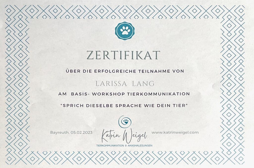 Basis Tierkommunikation Zertifikat von Katrin Weigel