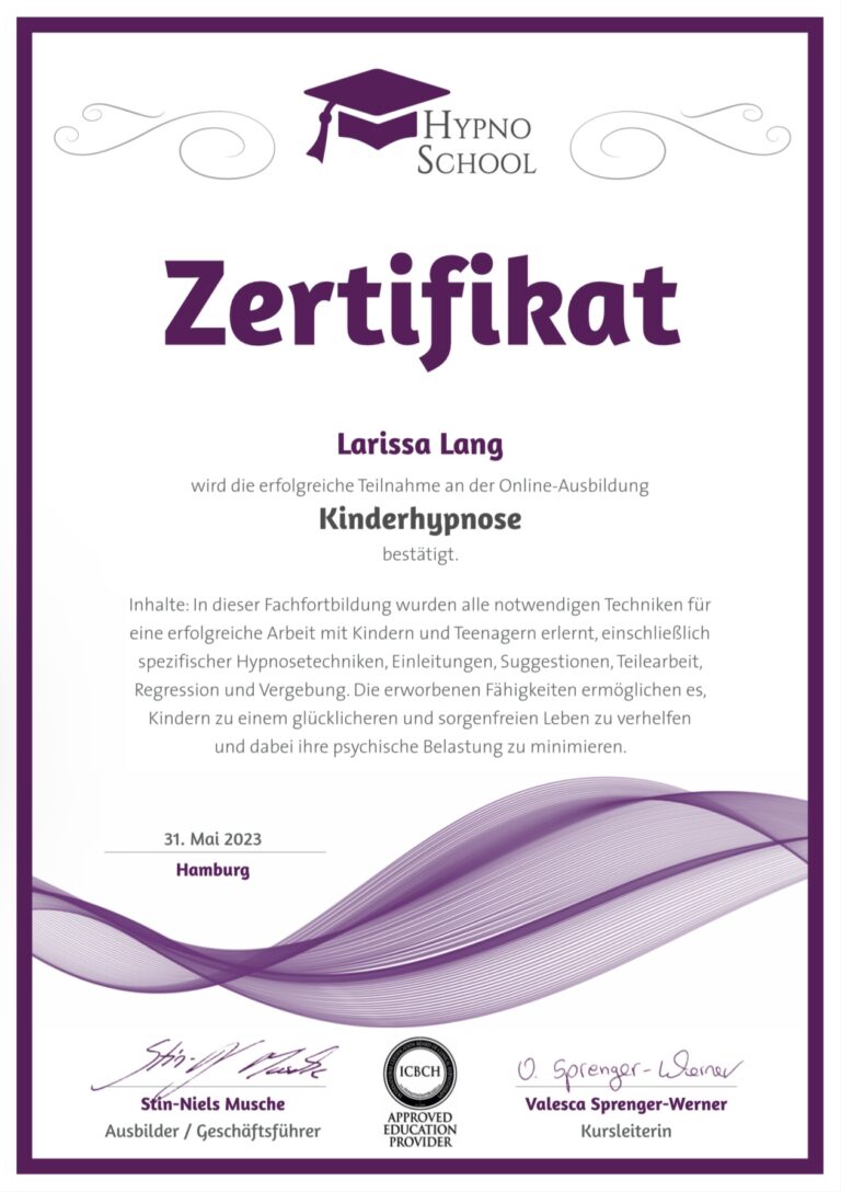 Kinderhypnose Zertifikat von Hypno School