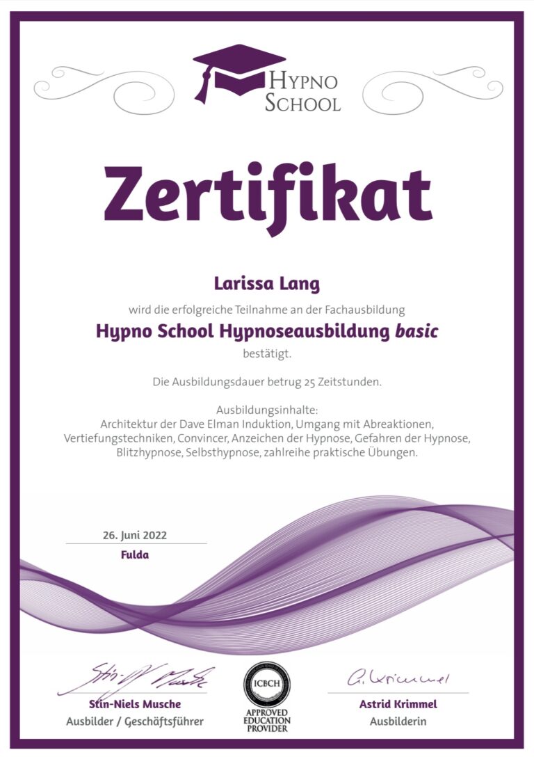 Basic Hypnose Ausbildung Zertifikat von Hypno School