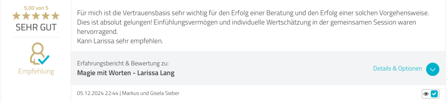 Bild der Proven Expert Rezension von Markus und Gisela Sieber