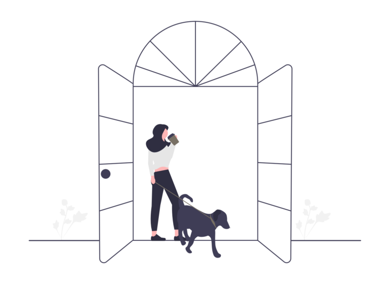 Foto einer Hundebesitzerin geht mit Hund durch Tür