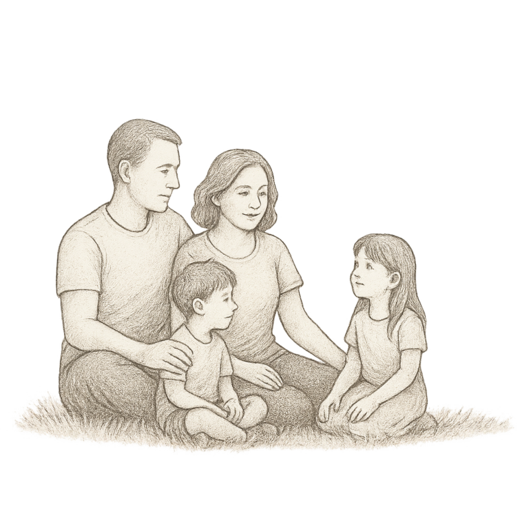 Bleistiftzeichnung einer Familie (Mama, Papa, Junge, Mädchen), die auf einer Wiese sitzt.