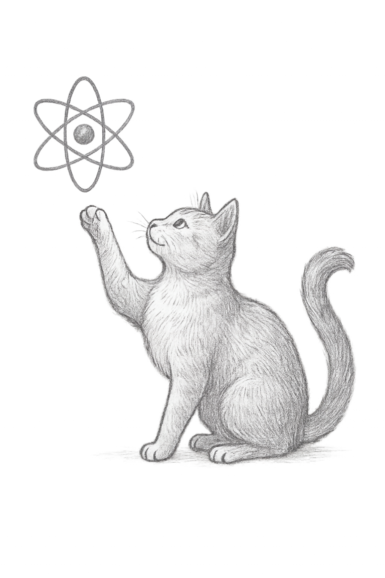 Bleistiftzeichnung einer Katze, die sitzt und mit einer Pfote nach dem Quantensymbol, welches über ihr schwebt, „greift"