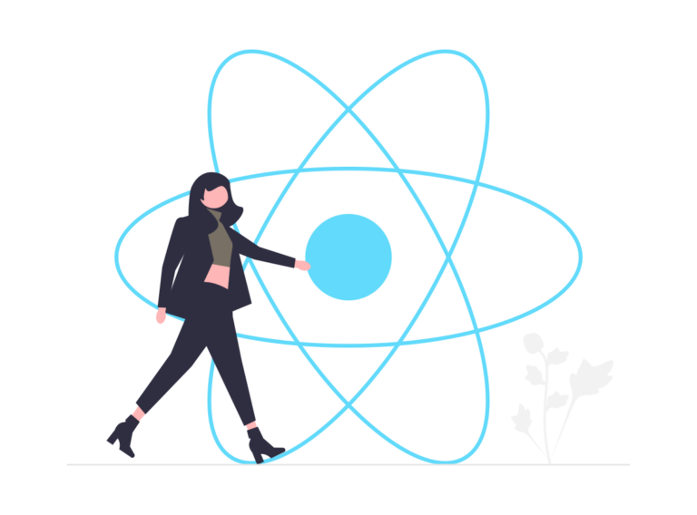 Grafik einer Frau und einem großen Quantensymbol im Hintergrund