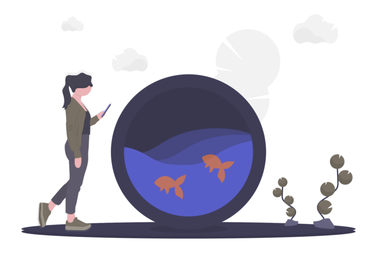 Grafik einer Frau, die bei einem Aquarium mit Fischen stehen