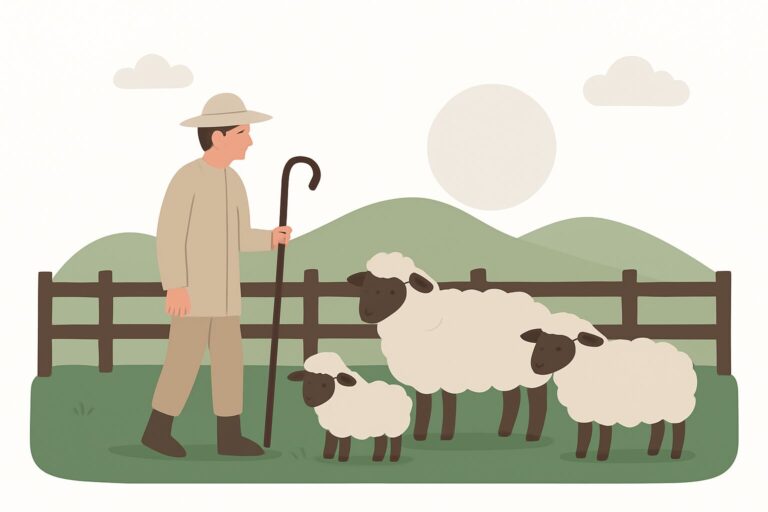 Auf dem Bild ist ein Hirte zu sehen, welcher gerade 3 Schafe hütet, die vor ihm stehen. Der Hirte hat einen Hut auf und einen Stab in der Hand, der am oberen Ende etwas gekrümmt ist. Im Hintergrund sieht man noch einen braunen Zaun, Hügel und eine „Sonne“, sowie zwei Wolken.