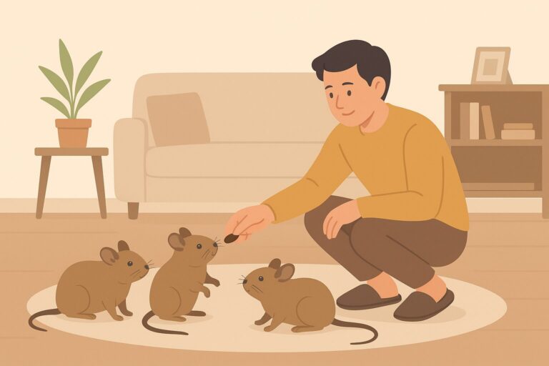 Auf dieser Grafik sind 3 braune Degus zu sehen. Ein Degu macht gerade ein Männchen, da es ein Leckerchen von dem Besitzer bekommt, welcher in der Hocke ist. Im Hintergrund ist eine Couch, ein kleines Bücherregal mit ein paar Büchern und einem Bild darauf, sowie eine Pflanze auf einem kleinen Hocker. Das Bild ist KI generiert.
