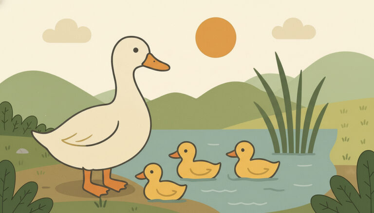 Auf der Grafik ist eine Ente mit ihren 3 jungen zu sehen. Die Ente steht auf dem Land, während ihre 3 Kücken im Wasser vor ihr sind. Im Hintergrund geht gerade noch die Sonne unter, mann kann Berge erkennen, es ragt ein bisschen Schilf aus dem Wasser und drum herum ist noch weitere Wiesenlandschaft mit ein paar Pflanzen.