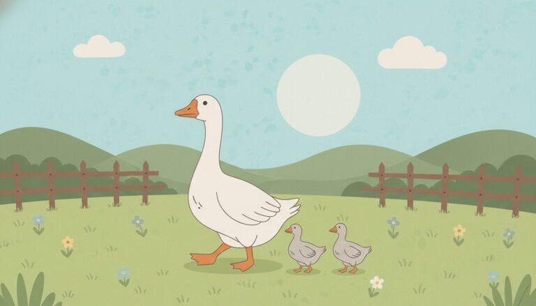 Auf der Grafik ist eine weiße Gans zu sehen. Hinter ihr sind zwei gräuliche kleine Gänse, die ihr folgen. Außen herum ist ein kleiner brauner Zaun und ein paar Blumen, welche auf der Wiese sind, auf der die Gänse und der Zaun auch sind. Im Hintergrund gibt es noch ein paar grüne Berge, sowie ein paar Wolken am Himmel und eine weiße untergehende „Sonne“. Das Bild ist KI generiert.