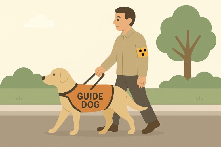 Graphic of a guide dog. The blind person is holding the dog's harness with one hand. The dog's orange vest says “guide dog.” The blind person has a yellow armband with three dots on their arm, which is the symbol for blindness. Both are walking outside on a sidewalk, and in the background there is a tree, bushes, and grass. The image is AI-generated.