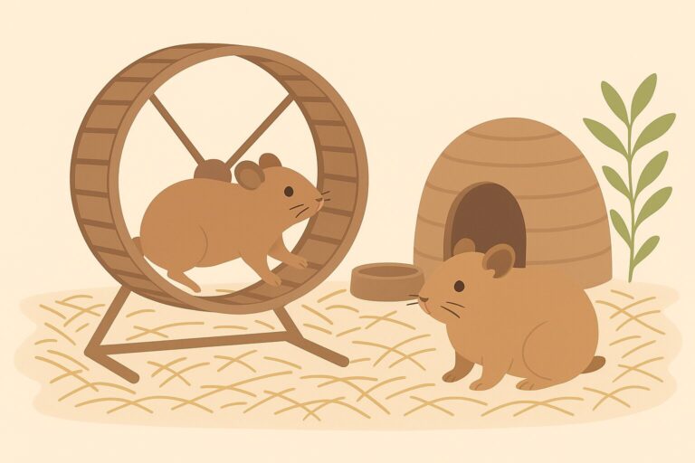 Grafik von zwei braunen Hamstern. Der eine Hamster ist gerade in einem Hamsterlaufrad, der andere sitzt daneben. Unter ihnen ist Stroh und im Hintergrund ist eine Höhle, sowie ein Napf zu sehen. Das Bild ist KI generiert.