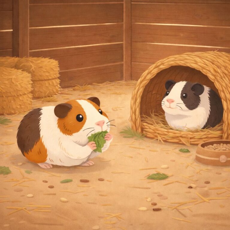 Auf der Grafik sind zwei Meerschweinchen zu erkennen. Eines isst gerade etwas Salat und hält dieses Stück mit den beiden vorderen Pfoten fest und das andere sitzt in einer Höhle aus Stroh. Um sie herum ist Stroh und neben der Höhle steht ein Futternapf. Das Bild ist KI generiert.