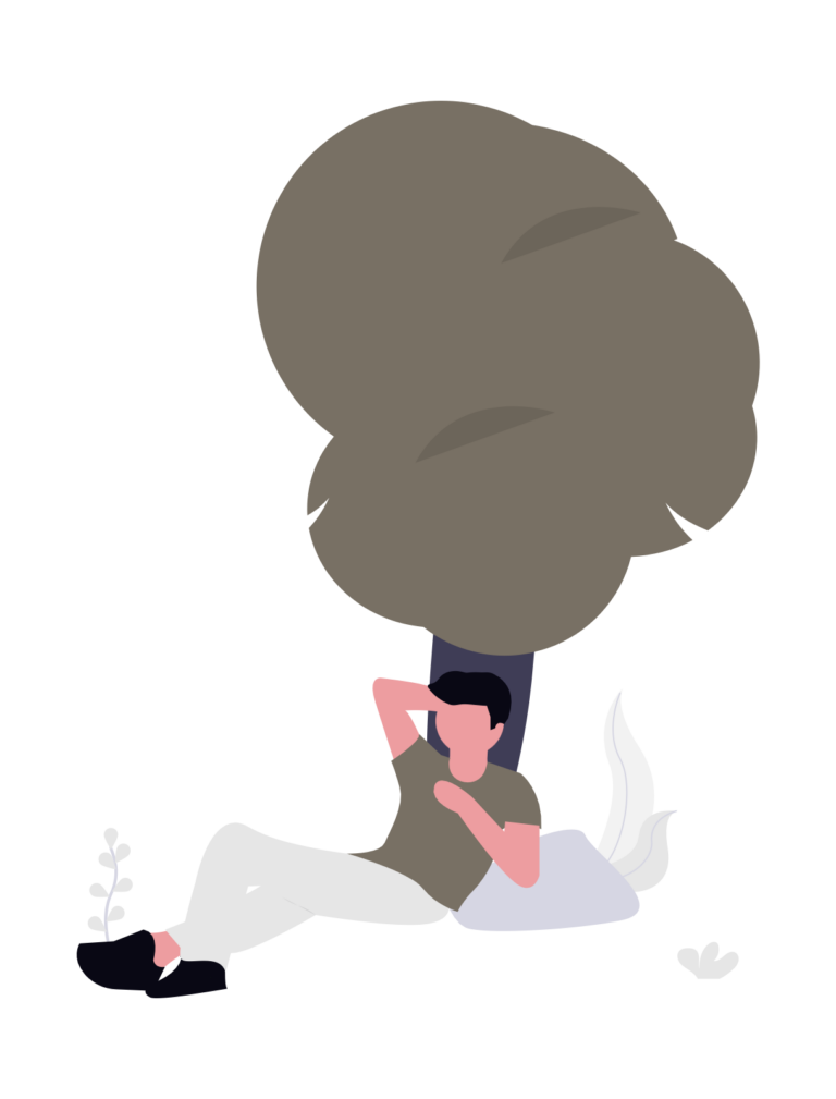 Auf der Grafik ist ein Mann zu sehen, welcher angelehnt an einem Baum liegt.