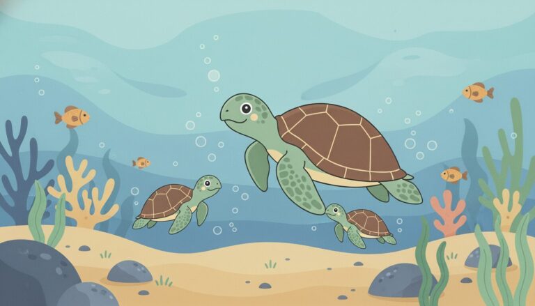 Grafik von 3 Schildkröten Unterwasser / im Meer. Eine Schildkröte ist mehr im Vordergrund, während zwei weiter im Hintergrund sind. Es sind auch noch insgesamt 4 kleine Fische zu sehen. Außerdem gibt es noch einen Sandboden, ein paar Steine auf dem Boden, sowie Korallen, Seetang und unterschiedlich blauen Hintergrund. Des weiteren sind kleine Luftblasen zu sehen. Das Bild ist KI generiert.