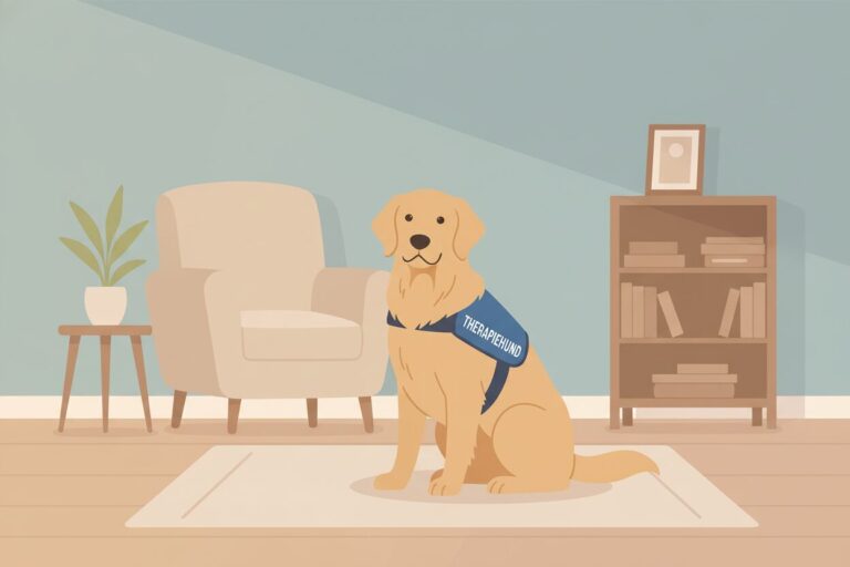 Grafik eines Therapiehundes in einer Praxis. Der Hund (ähnlich einem Golden Retriever) hat eine Weste an, auf der Therapiehund steht. Er sitzt auf einem weißen Teppich. Im Hintergrund ist ein beiger Sessel. Links daneben ist eine kleine Pflanze auf einem Hocker und rechts daneben ein mittelgroßes Bücherregal mit Büchern darin und einem Foto darauf. Der Boden besteht aus Holz und die Wand ist blau. Das Bild ist KI generiert.