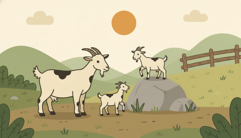 Grafik von 3 Ziegen. Eine größere Ziege und zwei kleinere Ziegen. Eine kleine Ziege ist auf einem Stein und die andere kleine Ziege sieht zu ihr hinauf. Im Hintergrund sind grüne Berge, ein paar Büsche und ein Zaun, sowie ein paar Wolken am Himmel und eine untergehende Sonne zu sehen. Das Bild ist KI generiert.