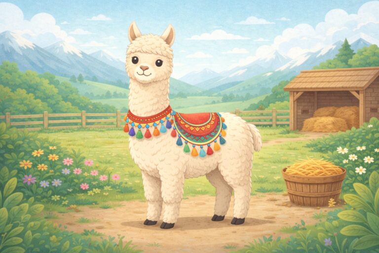 Auf dem Bild ist ein Alpaka. Leicht rechts hinter ihm steht ein Holzkorb mit Stroh darin. Etwas weiter dahinter ist ein Unterstand mit noch mehr Heu bzw. Heuballen. Um das Alpaka herum sind Blumen und Gras. Im Hintergrund ist ein Zaun, sowie ein paar Berge. Am Himmel sind ein paar Wolken. Das Bild ist KI generiert.