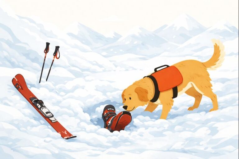 Auf dem Bild ist ein Hund zu sehen, der in mitten von ganz viel Schnee einen verschütteten Skifahrer findet. Es ragt nur sein Skistiefel aus dem Boden. Links daneben liegt ein Ski und dahinter sind die Skistecken. Das Bild wurde KI generiert.