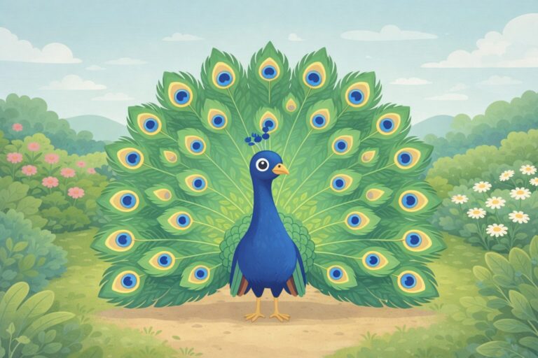 Auf dem Bild ist ein Pfau zu sehen, der sein Rad zeigt. Um ihn herum sind Pflanzen, Sträucher, Blumen. Im Hintergrund sind ein paar Hügel / Berge zu sehen und ein Himmel mit Wolken. Das Bild ist KI generiert.