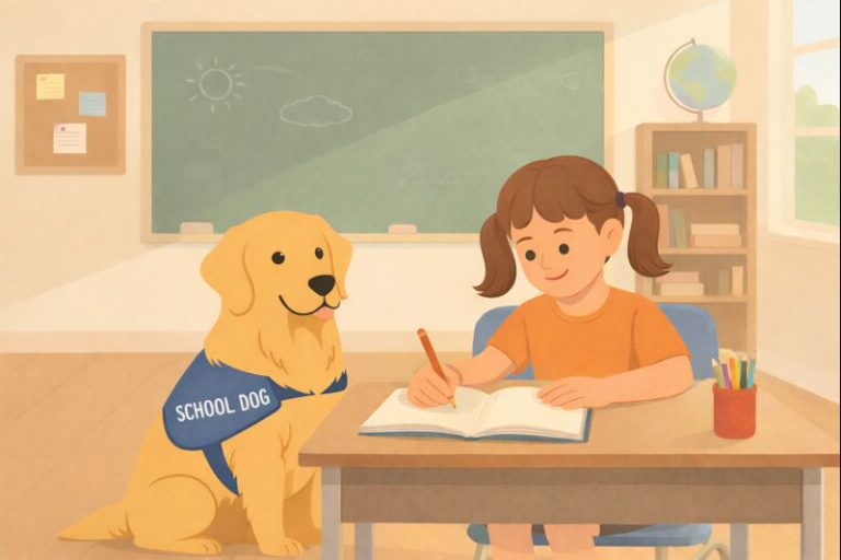 The picture shows a dog wearing a vest with the words “school dog” on it. He is sitting next to a little girl who is writing in a book on a table. In the background, there is a blackboard and a shelf with books and a globe on it. The image is AI-generated.
