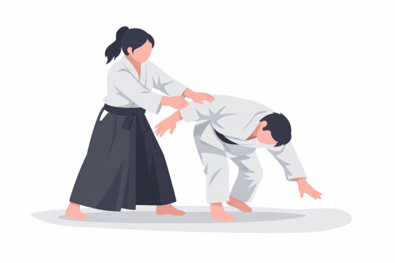 Auf dem Foto sind zwei Personen zu sehen. Die Person links trägt einen Dogi und einen blauen Hakama. Die Person rechts einen Dogi und einen schwarzen Gürtel. Die Szene ist eine Kampfsportszene. Das Bild wurde KI generiert.