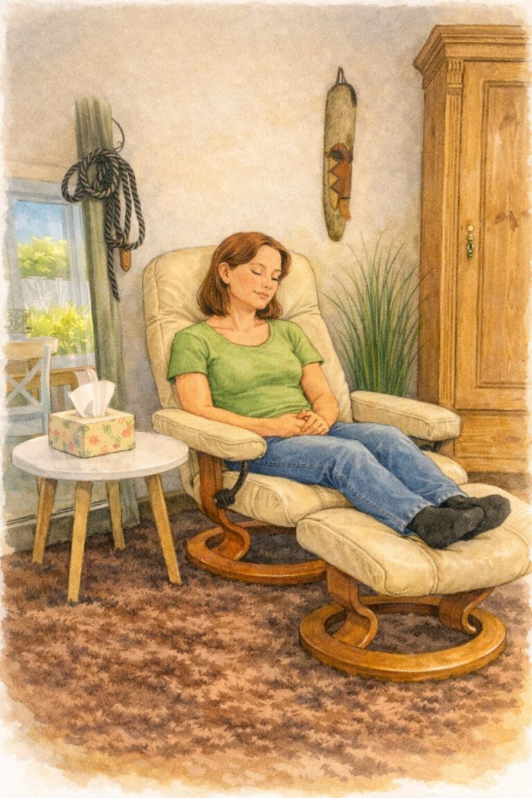 Auf dem Bild ist eine Klientin zu sehen, wie sie auf dem Stressless Sessel in Warmensteinach die Augen zu hat (und in Hypnose ist). Das Bild ist KI generiert.