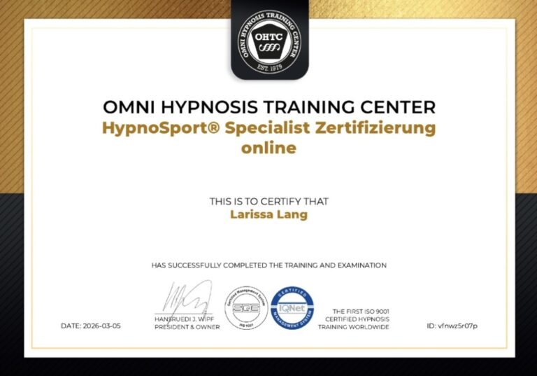 HypnoSport Zertifikat von Omni Hypnosis Training Center für Larissa Lang