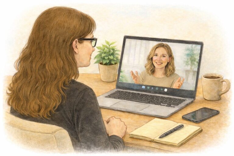 Auf dem Bild bin ich (Larissa Lang - Magie mit Worten) zu sehen, wie ich einer potenziellen Klientin digital gegenübersitze und wir ein Vorgespräch / Kennenlerngespräch führen. Das Bild ist KI generiert.