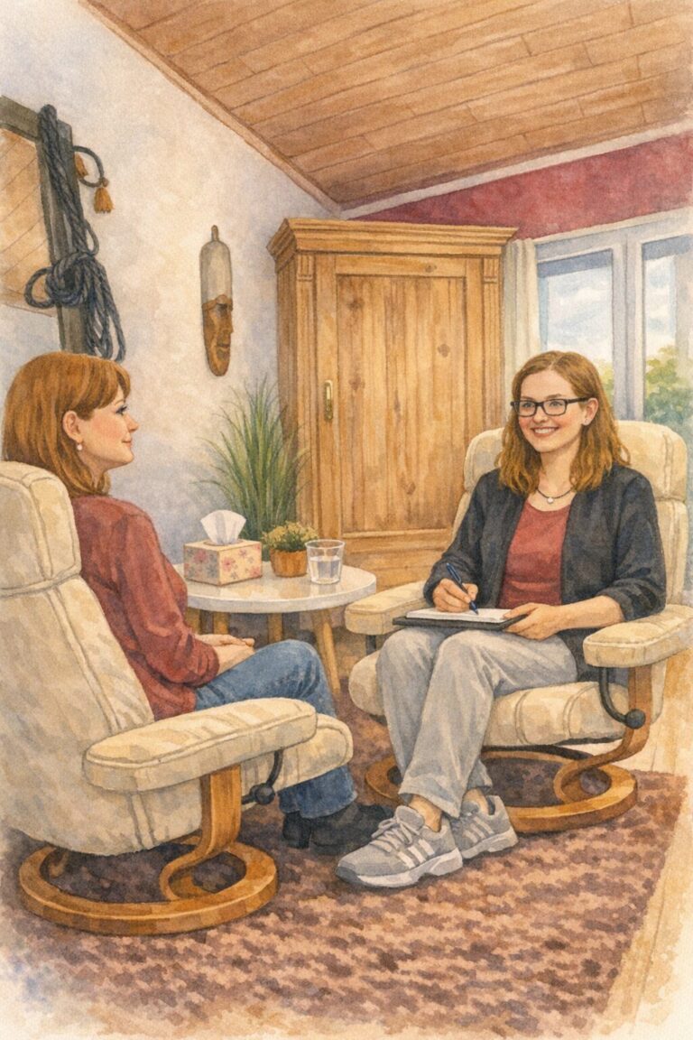 Auf dem Bild bin ich (Larissa Lang - Magie mit Worten) zu sehen, wie ich einer Klientin gegenübersitze und etwas aufschreibe. Das Bild ist KI generiert.