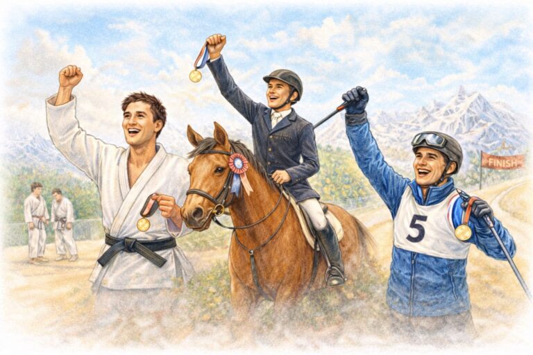 Auf dem Bild ist ein Kampfsportler, ein Reitsportler und ein Skisportler zu sehen, welche alle Gold gewonnen haben im Wettkampf. Das Bild ist KI generiert.