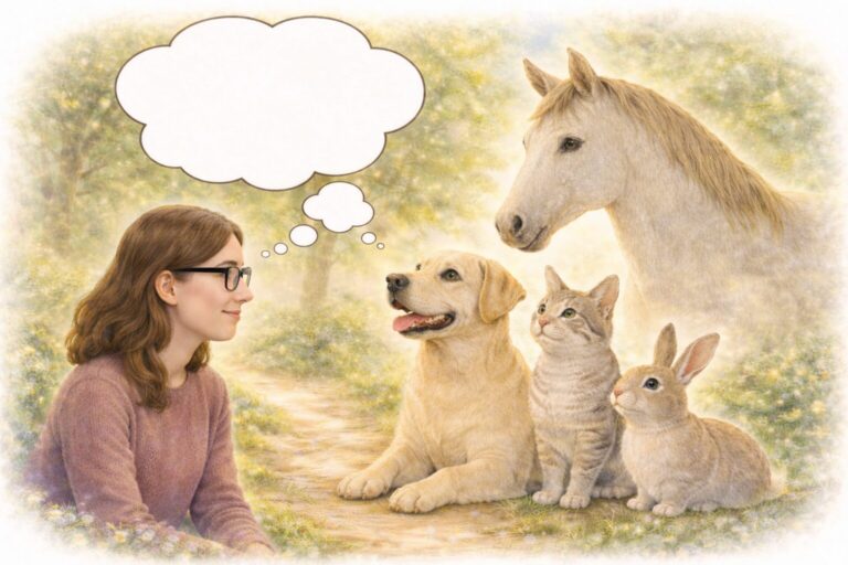 Auf dem Bild bin ich (Larissa Lang - Magie mit Worten) zu sehen, wie ich mit Tieren (Hund, Katze, Hase, Pferd) „spreche“ (Tierkommunikation). Daher sind auf dem Bild auch Sprechblasen / Gedankenblasen zu sehen. Das Bild ist KI generiert.