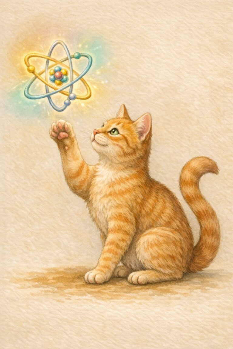 Auf dem Bild ist eine Katze zu sehen, welche mit ihrer Pfote nach einem Quantensymbol „greift“. Das Bild ist KI generiert.