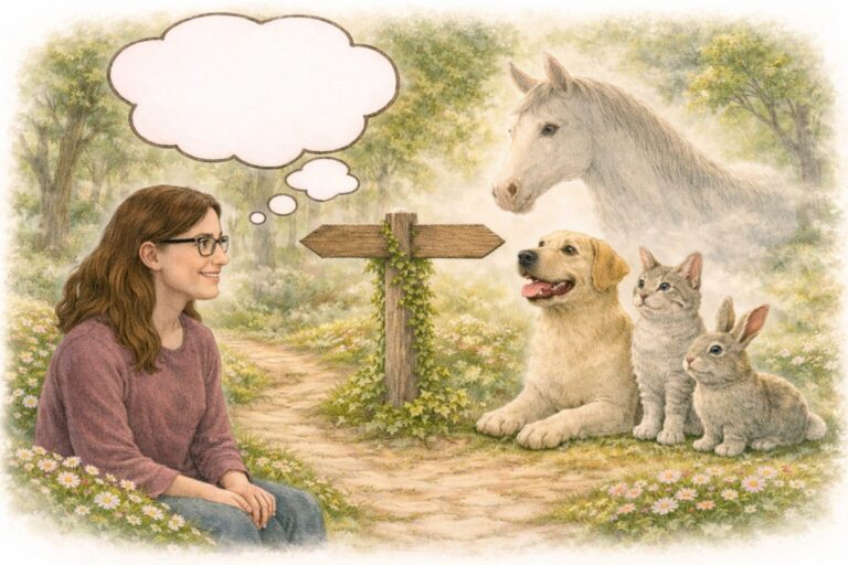 Auf dem Bild bin ich (Larissa Lang - Magie mit Worten) zu sehen, wie ich mit Tieren (Hund, Katze, Hase, Pferd) „spreche“ (Tierkommunikation), welche vermisst sind. Daher ist auf dem Bild auch ein Wegweiser zu sehen und Sprechblasen / Gedankenblasen. Das Bild ist KI generiert.