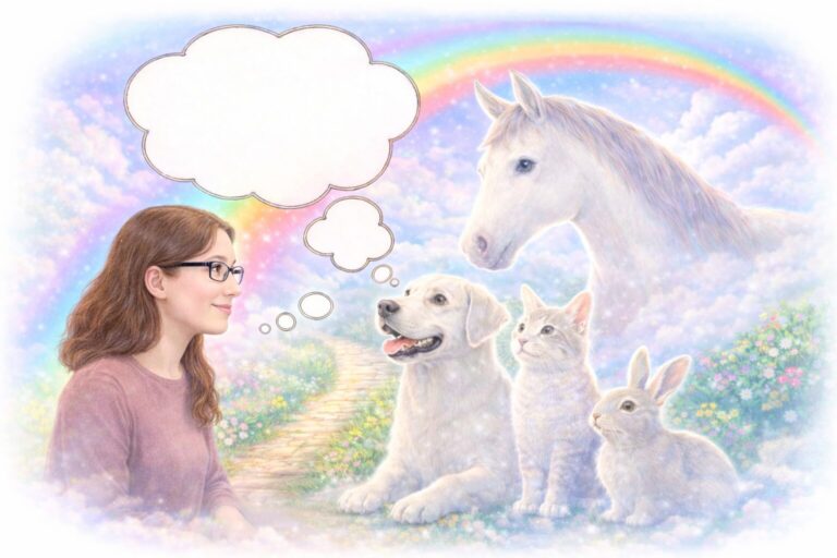 Auf dem Bild bin ich (Larissa Lang - Magie mit Worten) zu sehen, wie ich mit Tieren (Hund, Katze, Hase, Pferd) „spreche“ (Tierkommunikation), welche verstorben sind. Daher ist auf dem Bild auch ein Regenbogen (das Regenbogenland) zu sehen und Sprechblasen / Gedankenblasen. Das Bild ist KI generiert.